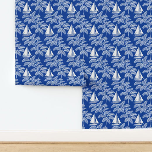 Sail Away design printed on textured luxury grasscloth wallpaper substrate.