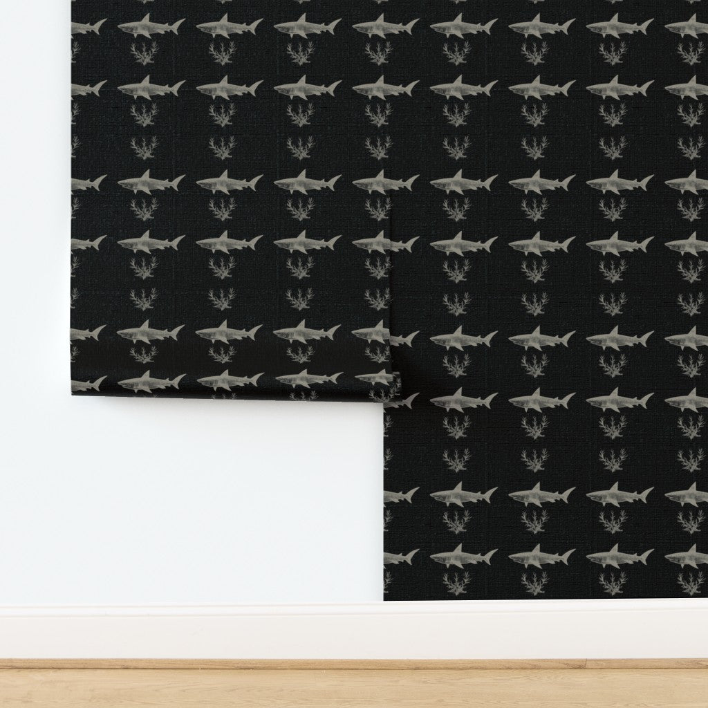 Solo Swimmer shark design printed on textured grasscloth in a dark color scheme.