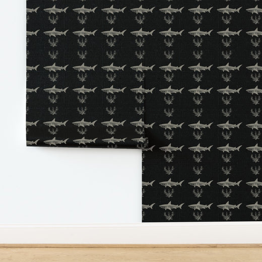 Solo Swimmer shark design printed on textured grasscloth in a dark color scheme.