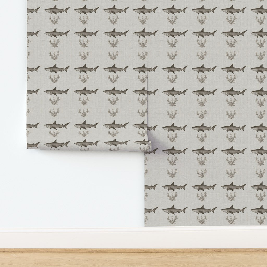 Solo Swimmer shark pattern printed on textured grasscloth wallpaper substrate.