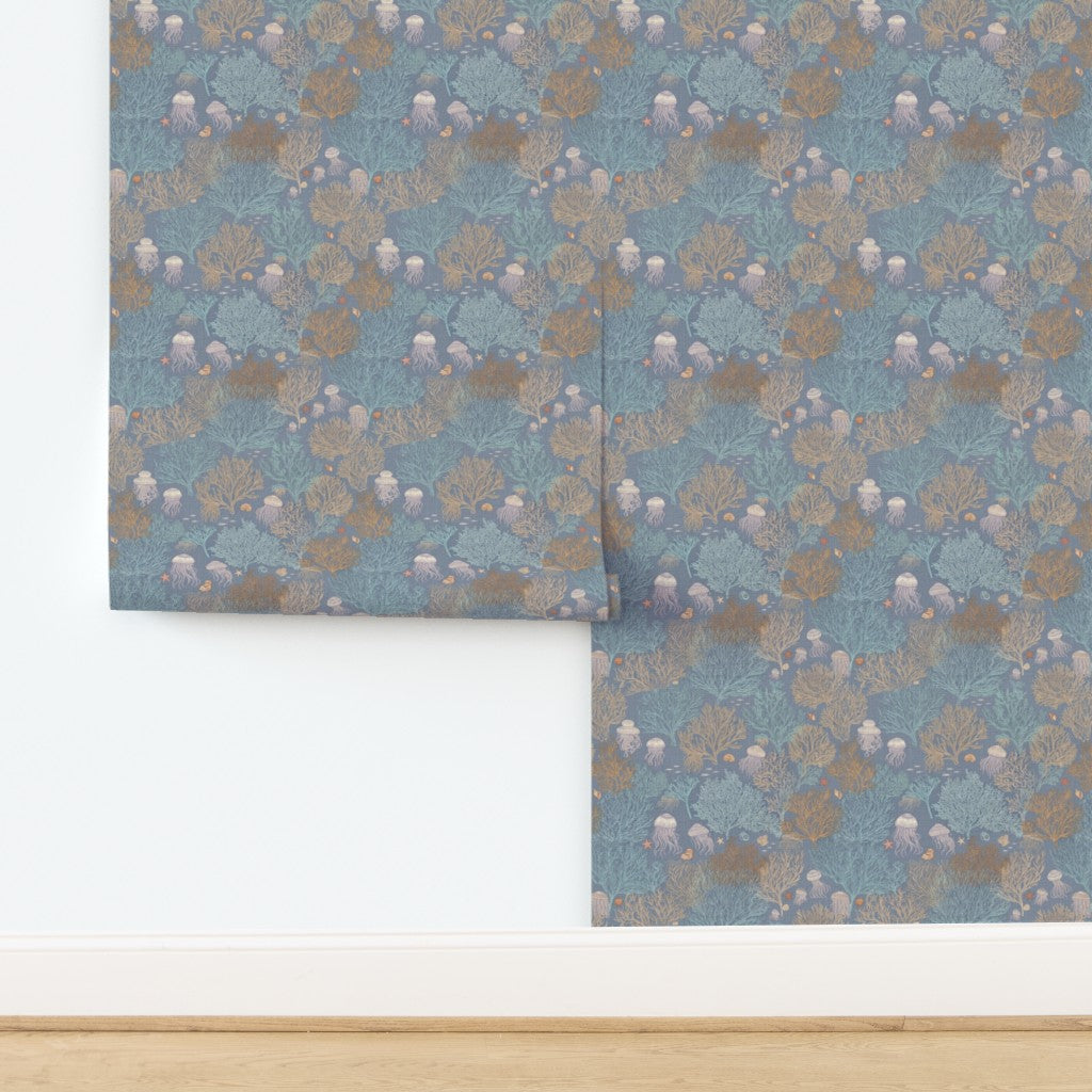 Grasscloth texture swatch of Jelly Reef wallpaper in deep Marina Blue.