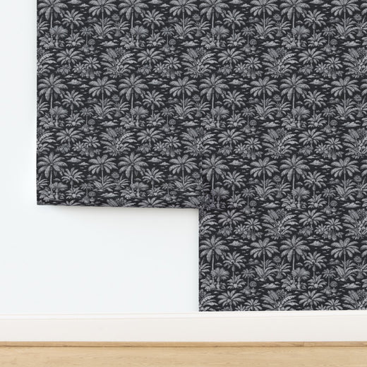 Close-up of palm trees and gazebos on Black textured grass cloth Palmy Weather wallpaper.