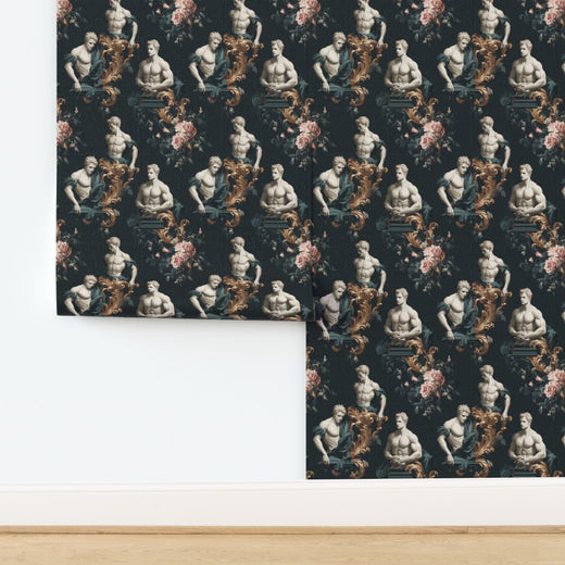 Marble Men classical sculpture motif printed on premium woven grasscloth wallpaper substrate.