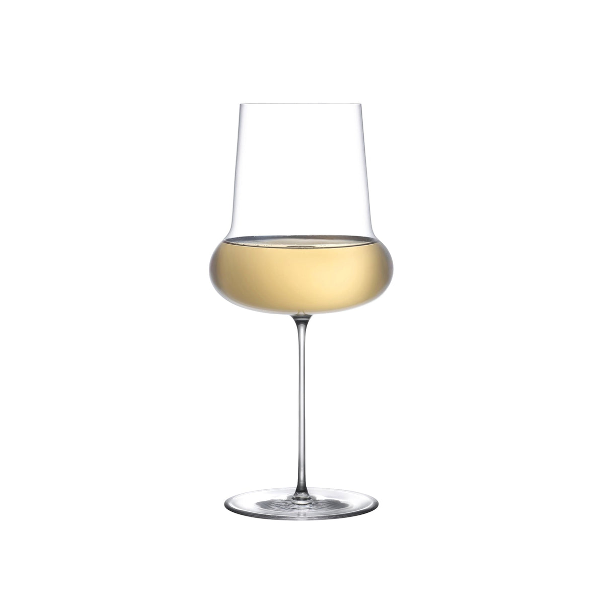 A single NUDE Ghost Zero Belly crystal white wine glass standing against a minimalist light background.