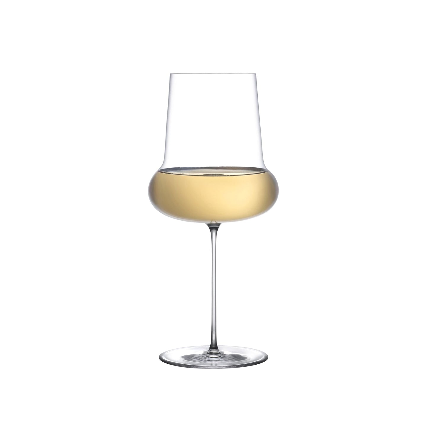 A single NUDE Ghost Zero Belly crystal white wine glass standing against a minimalist light background.