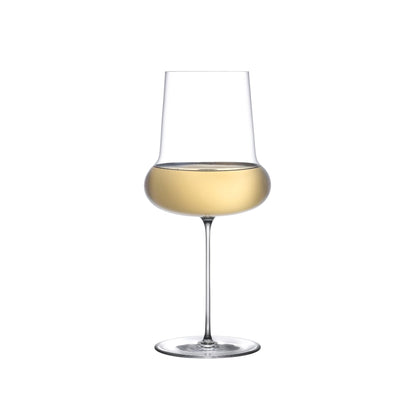 A single NUDE Ghost Zero Belly crystal white wine glass standing against a minimalist light background.