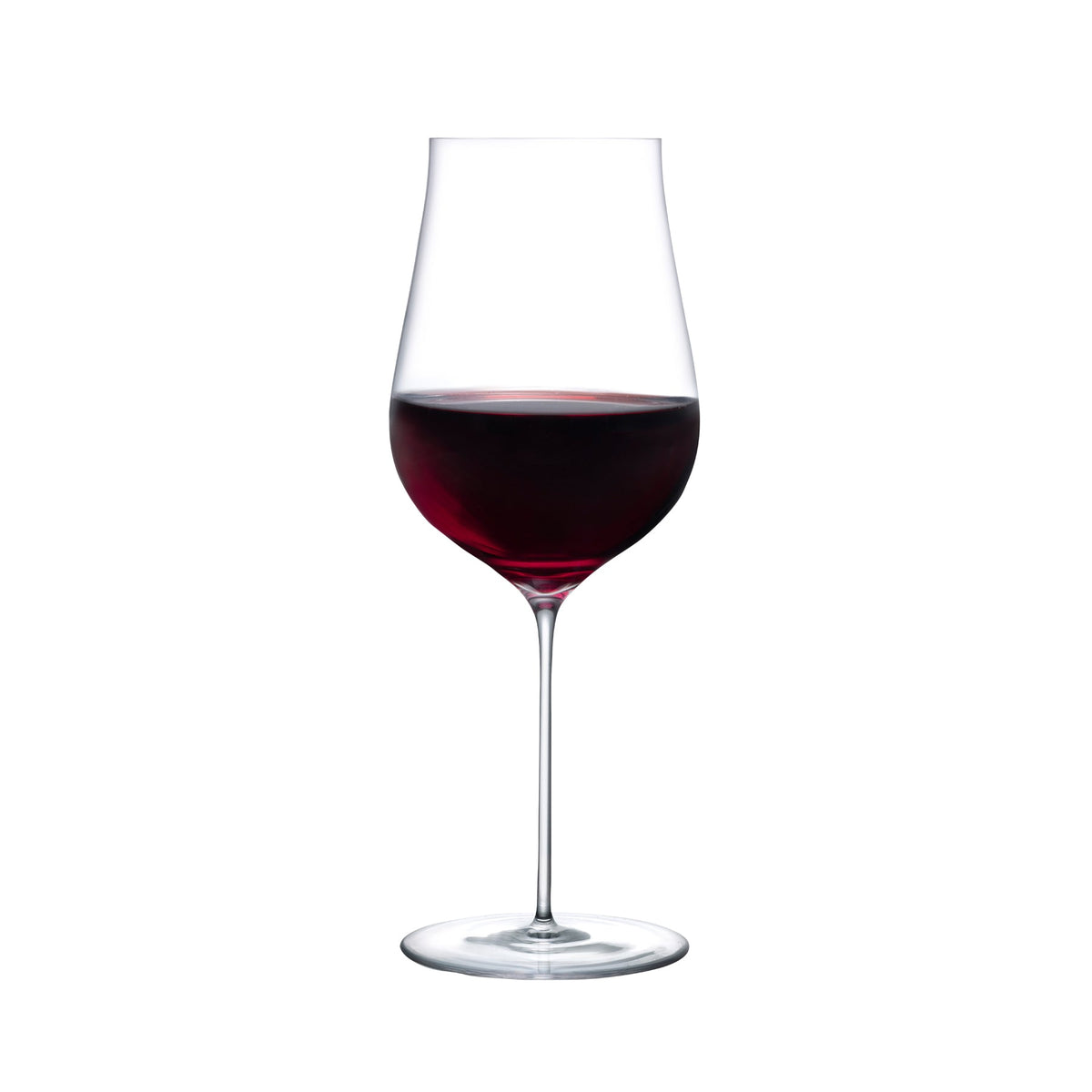 Elegant profile of the NUDE Ghost Zero crystal tulip red wine glass highlighting its delicate stem and refined shape.