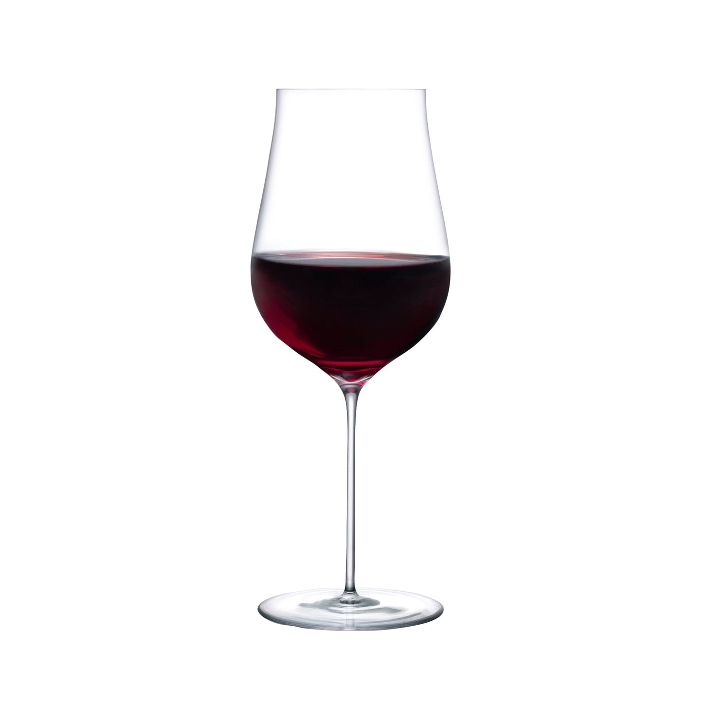 Elegant profile of the NUDE Ghost Zero crystal tulip red wine glass highlighting its delicate stem and refined shape.