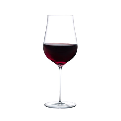 Elegant profile of the NUDE Ghost Zero crystal tulip red wine glass highlighting its delicate stem and refined shape.