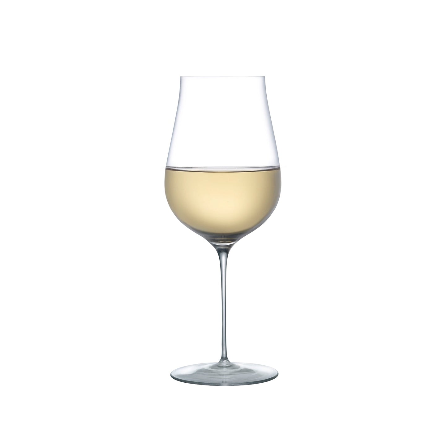 Elegant NUDE Ghost Zero Tulip crystal white wine glass with an ultra-thin stem on a neutral background.