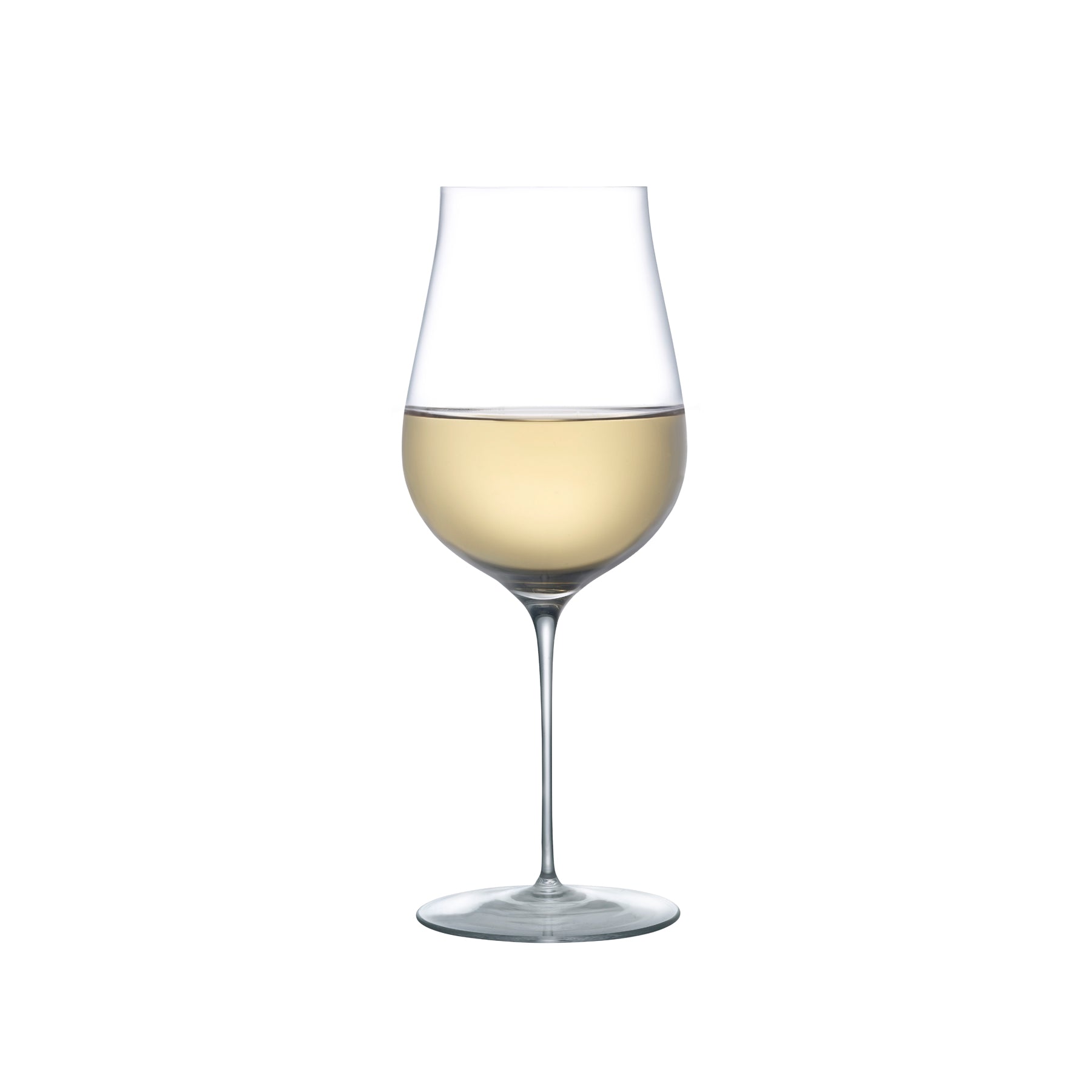 Elegant NUDE Ghost Zero Tulip crystal white wine glass with an ultra-thin stem on a neutral background.
