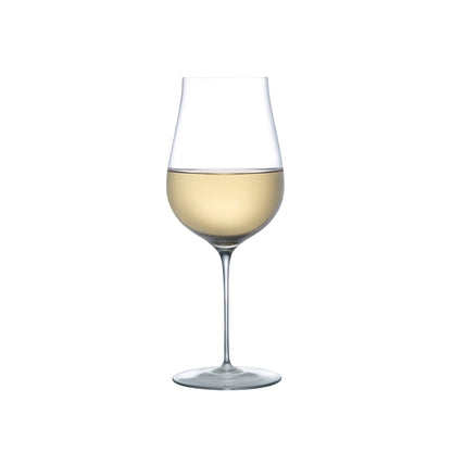 Elegant NUDE Ghost Zero Tulip crystal white wine glass with an ultra-thin stem on a neutral background.