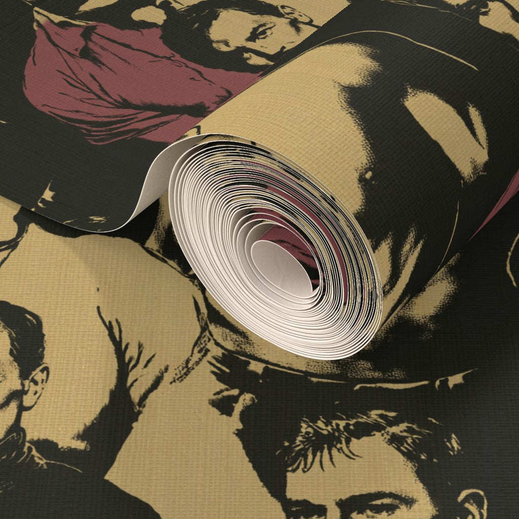 Close-up of textured grasscloth wallpaper roll showcasing dapper gentleman print