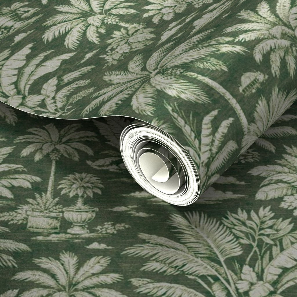 Detail of luminous finish on Green metallic Palmy Weather wallpaper.