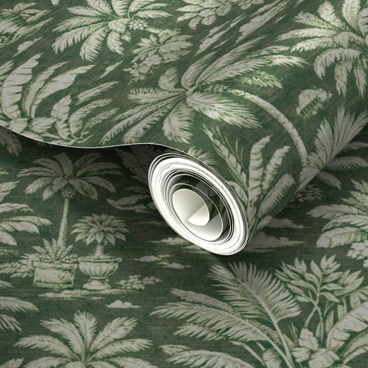 Detail of luminous finish on Green metallic Palmy Weather wallpaper.