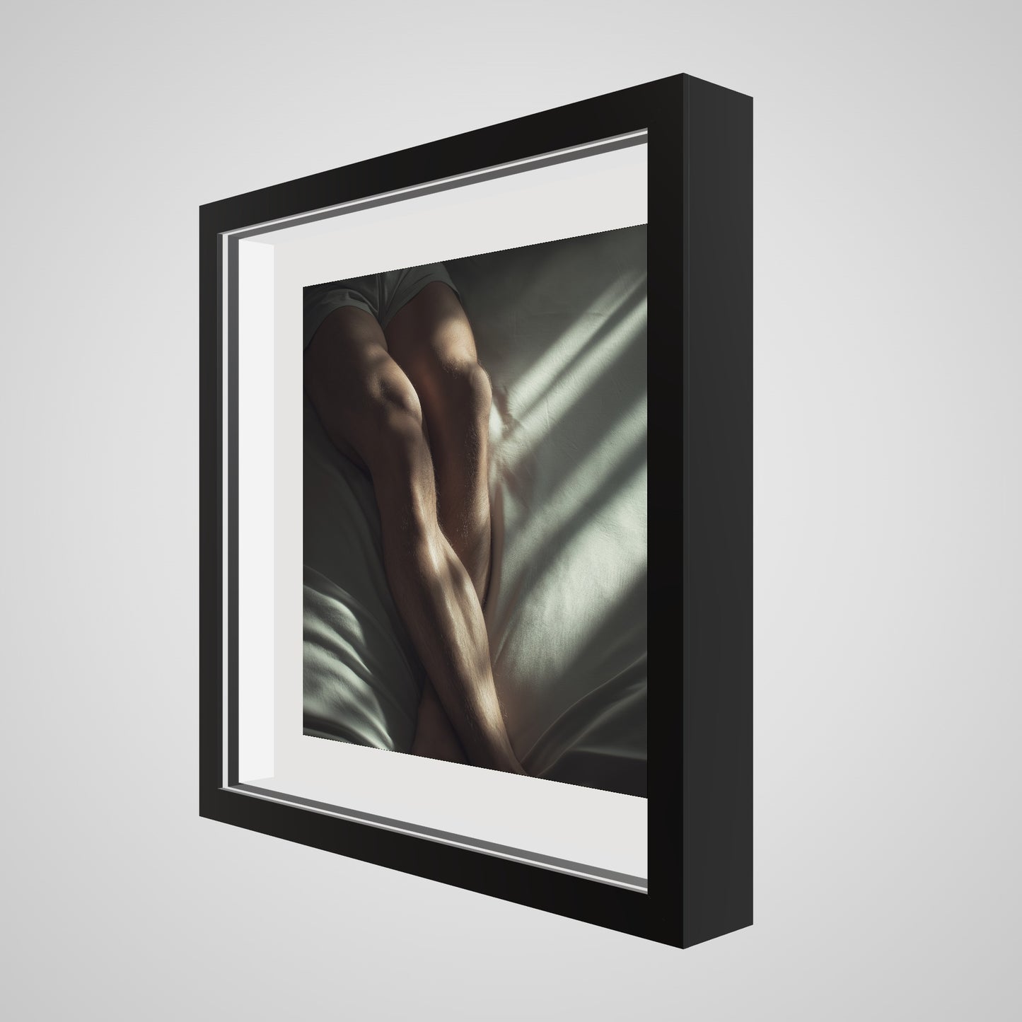 16x16 deep black square angled spacer frame displaying Held by Light print.