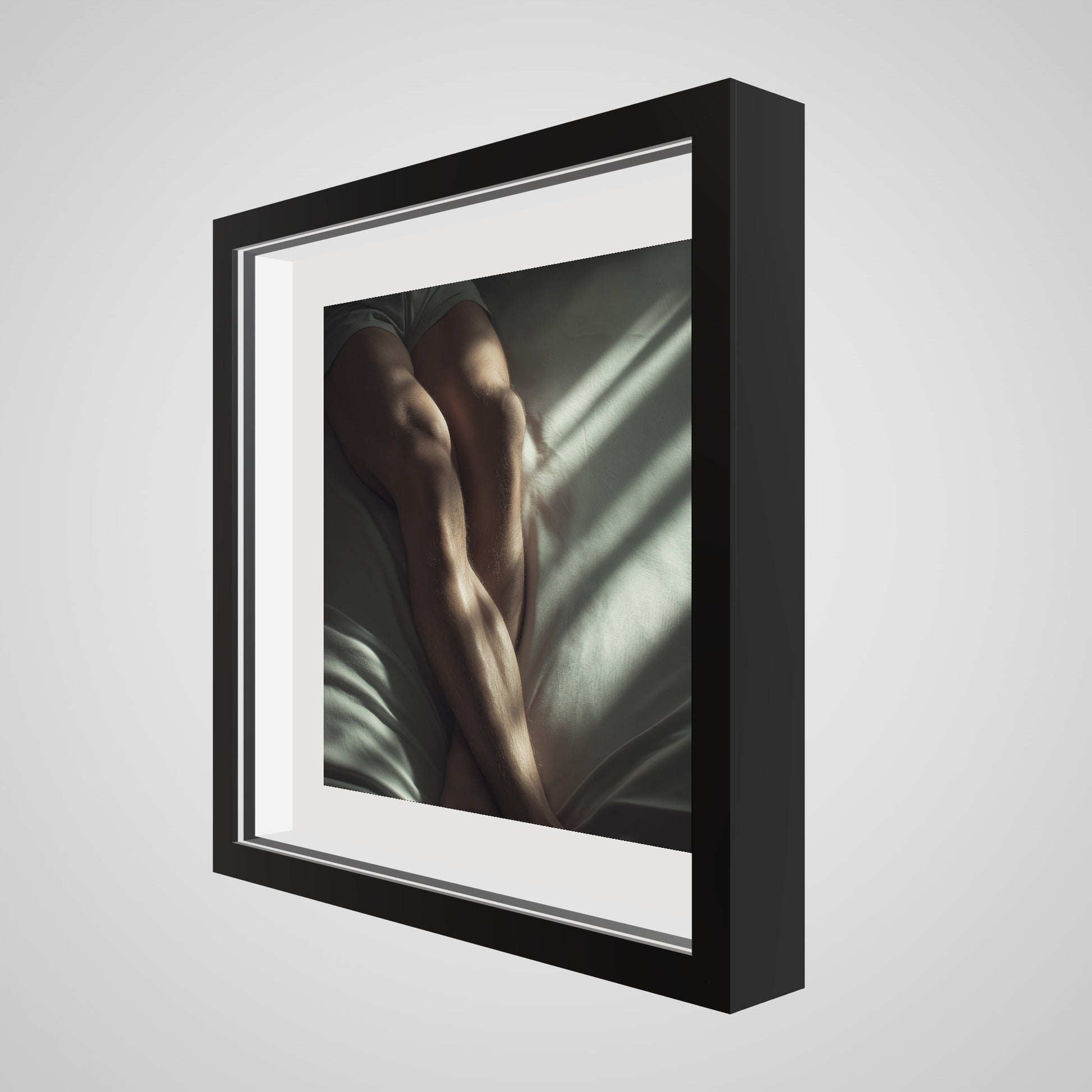 16x16 deep black square angled spacer frame displaying Held by Light print.