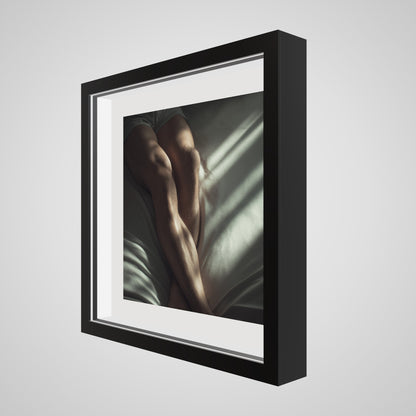 16x16 deep black square angled spacer frame displaying Held by Light print.