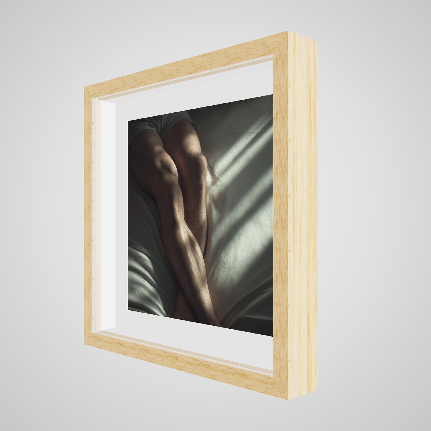 16x16 deep natural wood square angled spacer frame displaying Held by Light print.