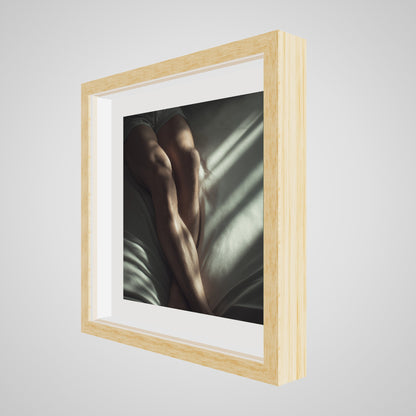 16x16 deep natural wood square angled spacer frame displaying Held by Light print.