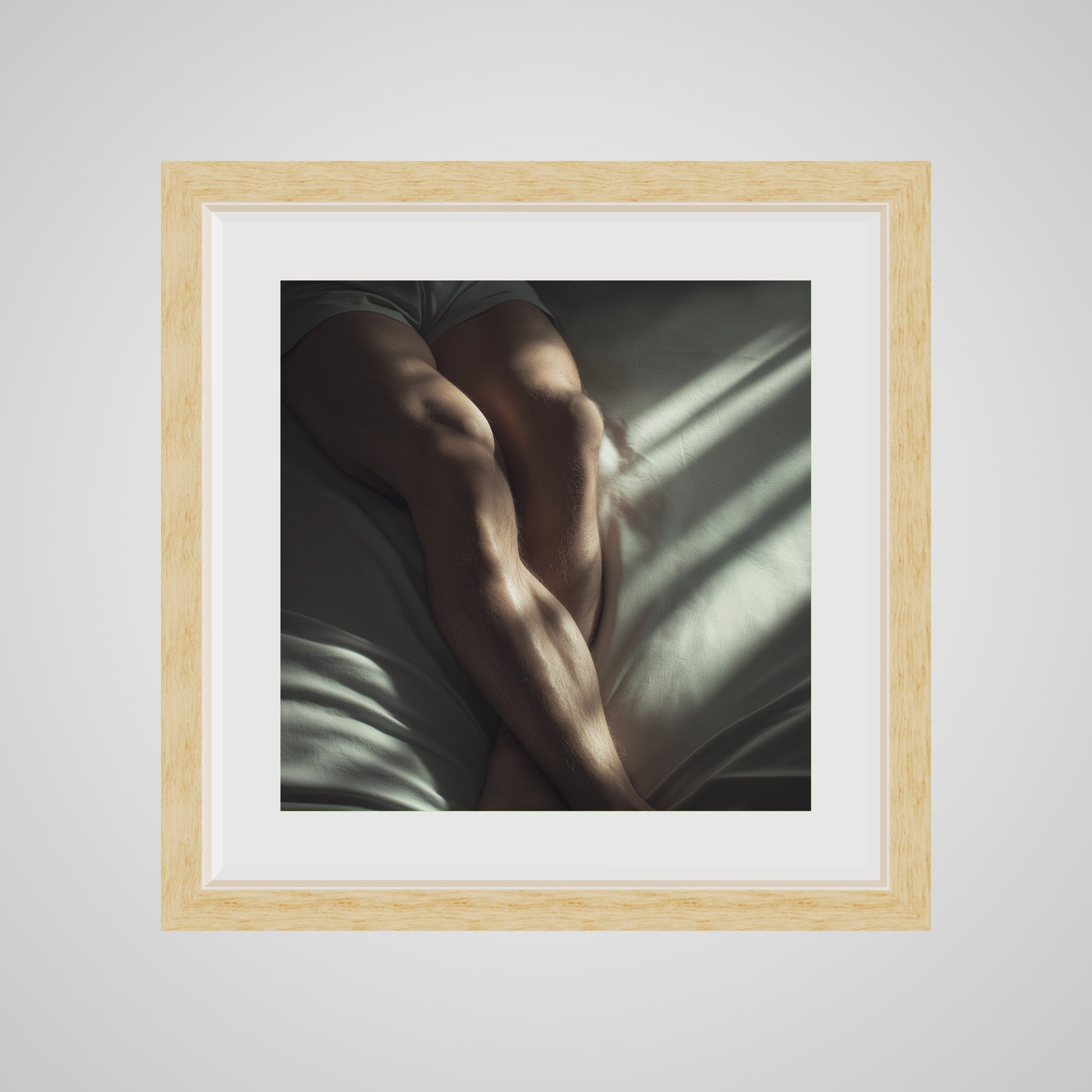 16x16 deep natural wood square front spacer frame displaying Held by Light print.