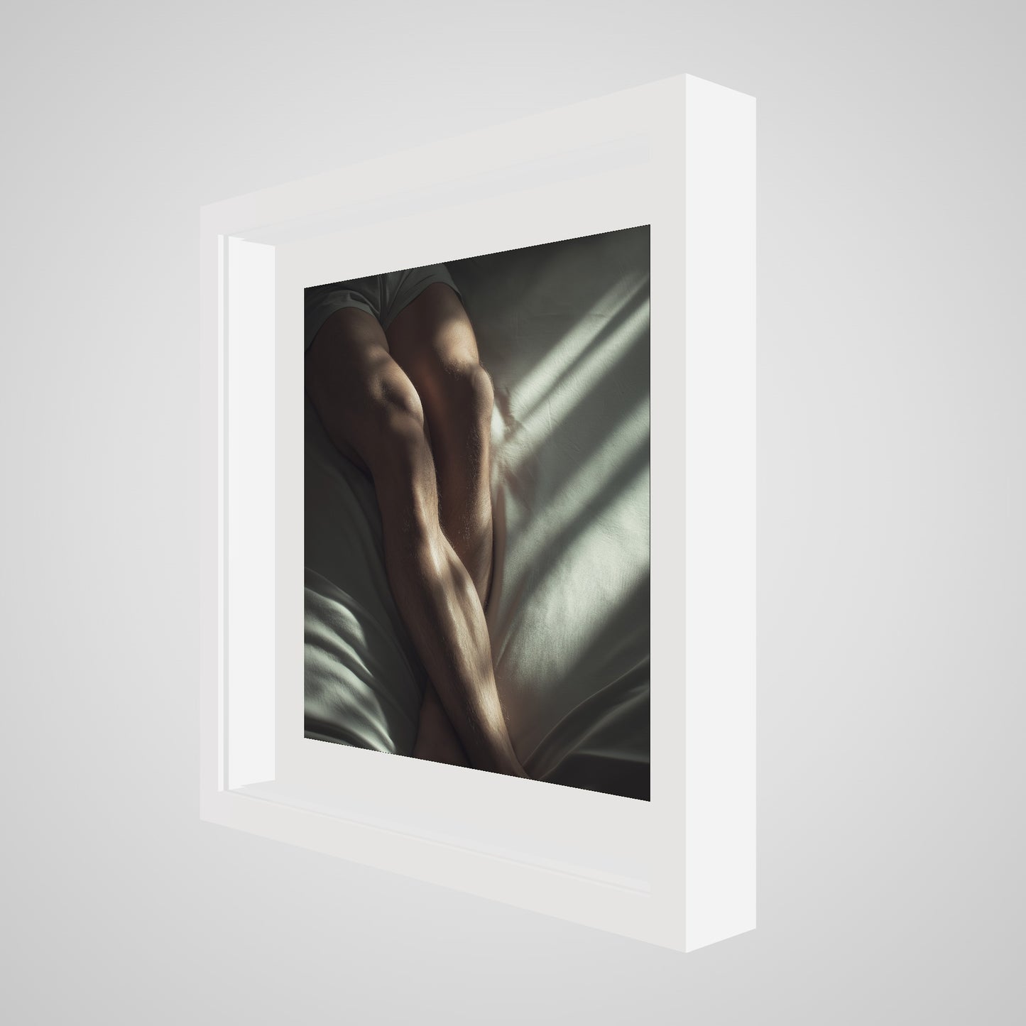 16x16 deep white square angled spacer frame displaying Held by Light print.