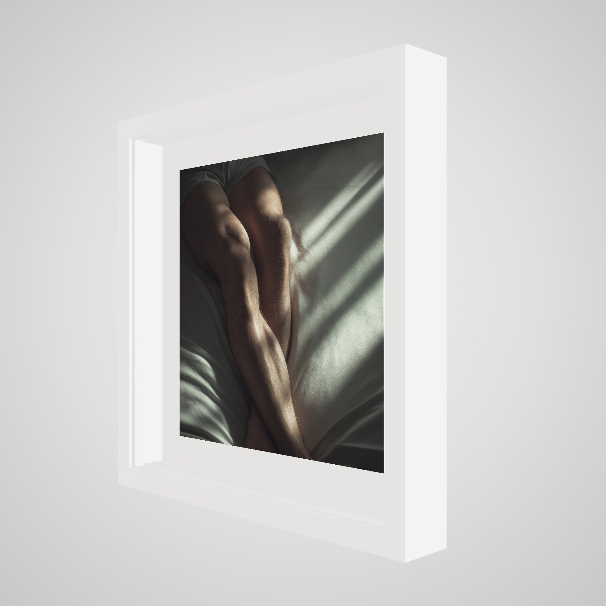 16x16 deep white square angled spacer frame displaying Held by Light print.