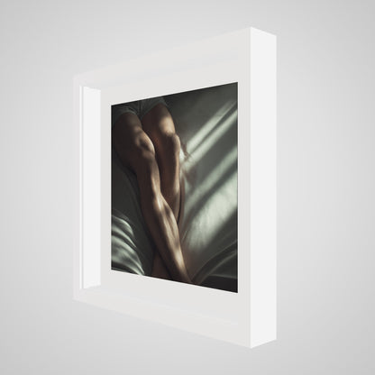16x16 deep white square angled spacer frame displaying Held by Light print.