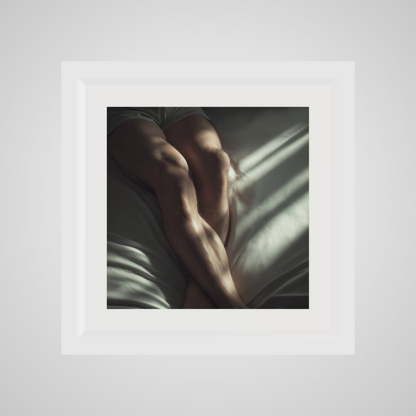 16x16 deep white square front spacer frame displaying Held by Light print.