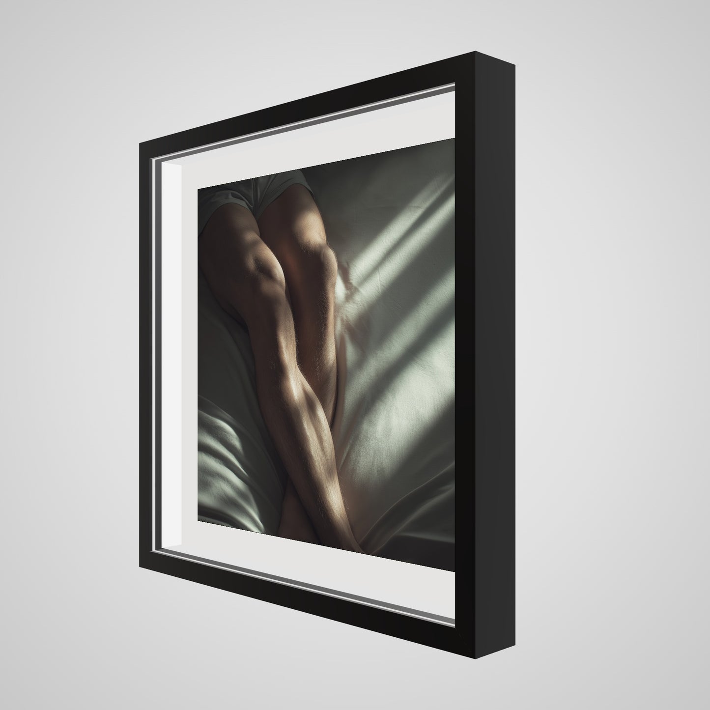 20x20 deep black square angled spacer frame displaying Held by Light print.