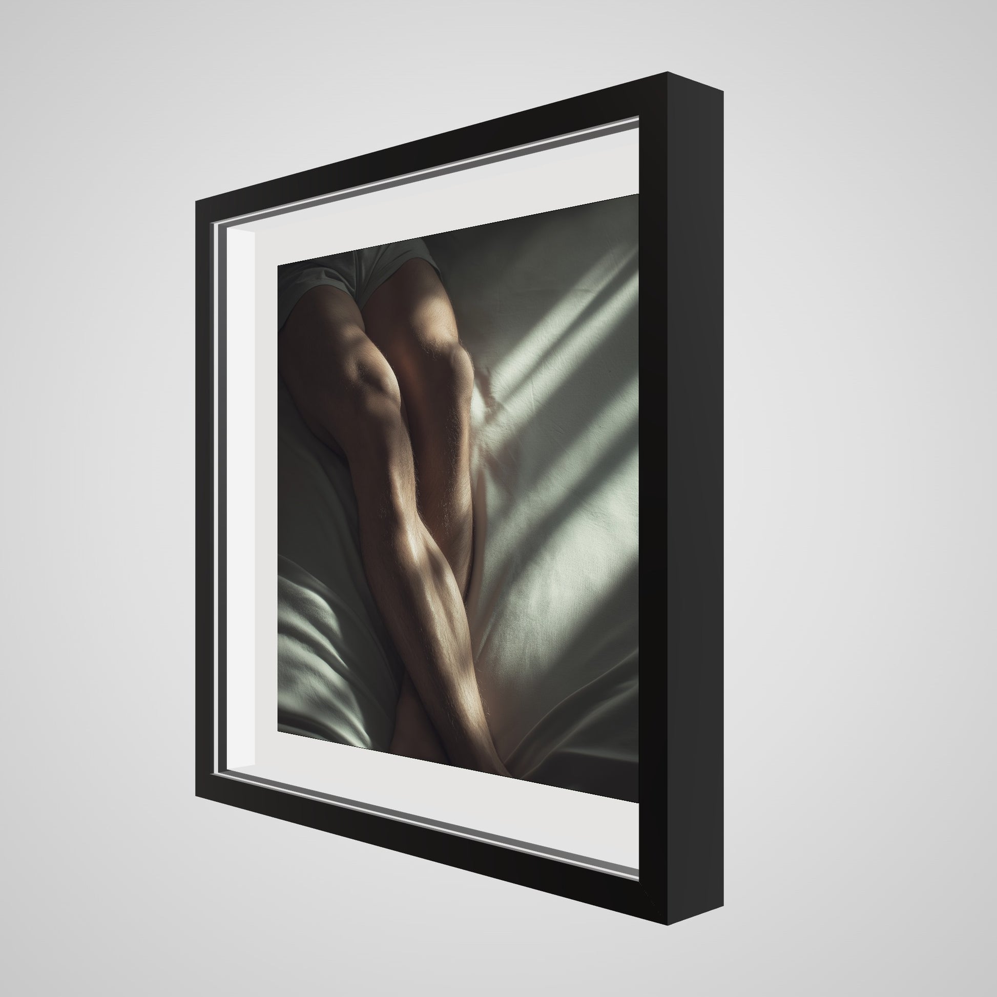 20x20 deep black square angled spacer frame displaying Held by Light print.