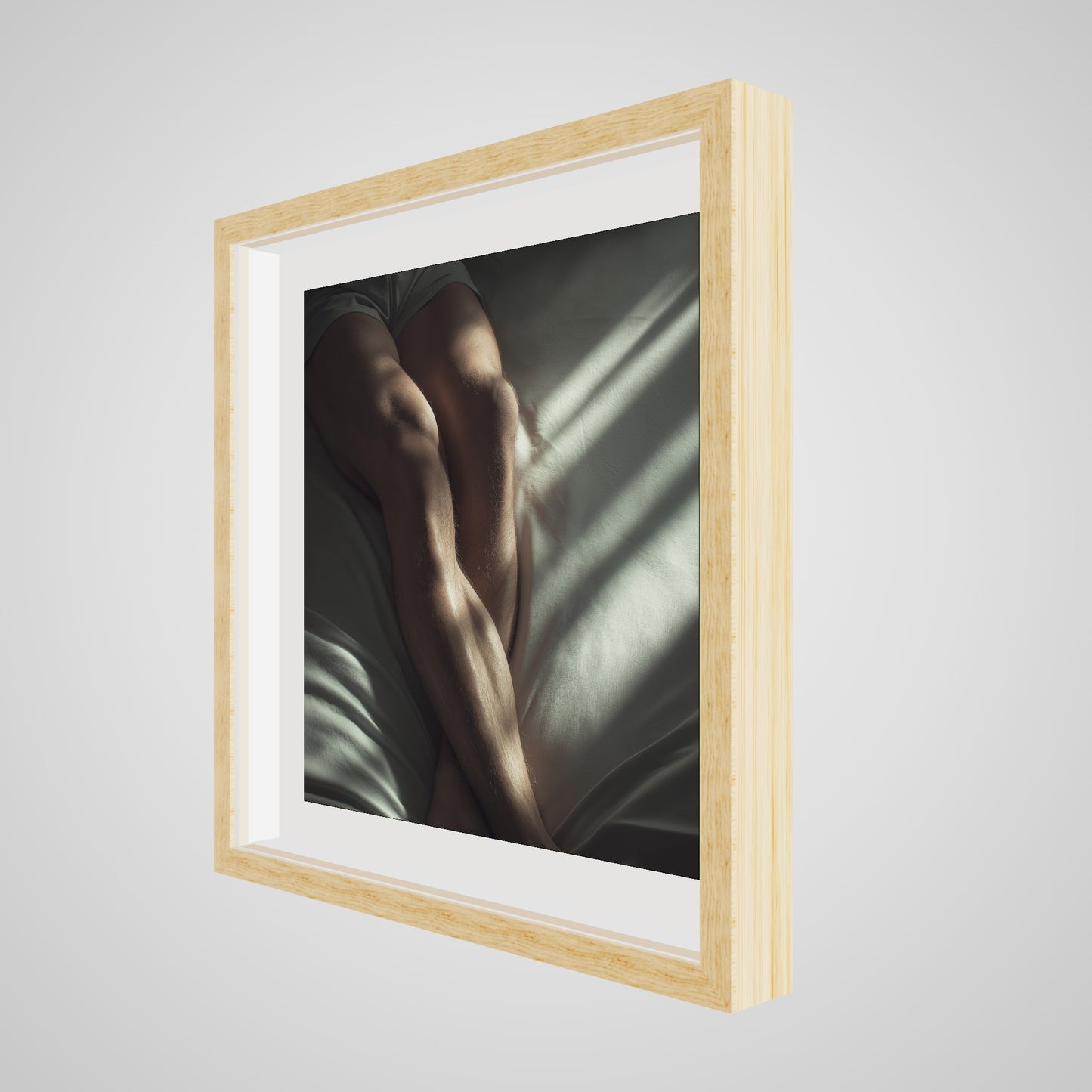 20x20 deep natural wood square angled spacer frame displaying Held by Light print.