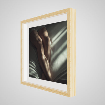 20x20 deep natural wood square angled spacer frame displaying Held by Light print.