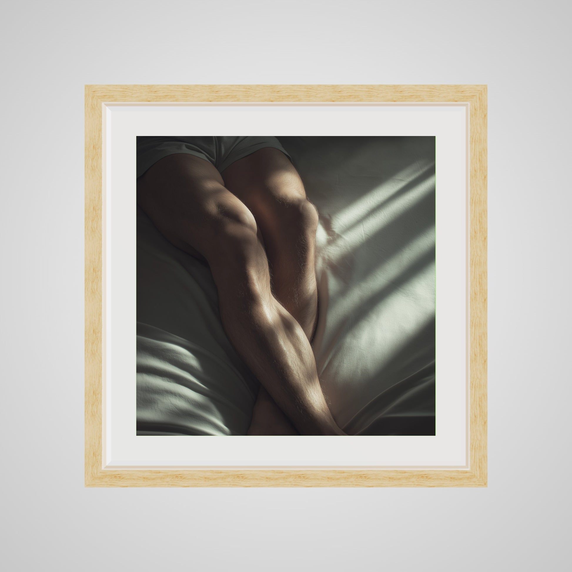 20x20 deep natural wood square front spacer frame displaying Held by Light print.