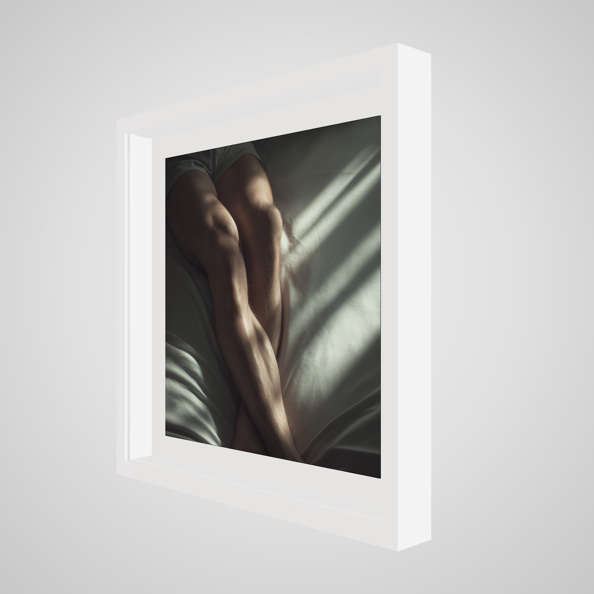 20x20 deep white square angled spacer frame displaying Held by Light print.