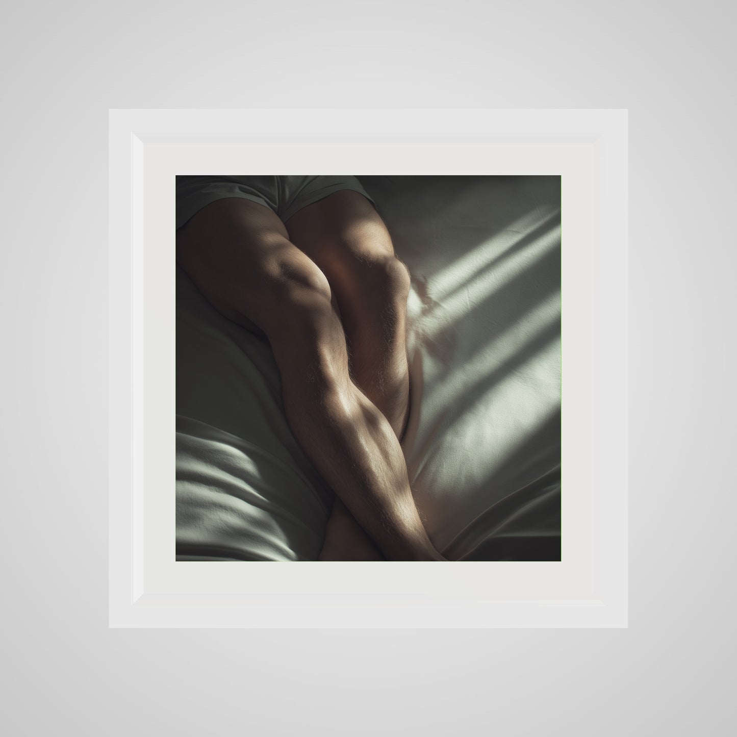 20x20 deep white square front spacer frame displaying Held by Light print.