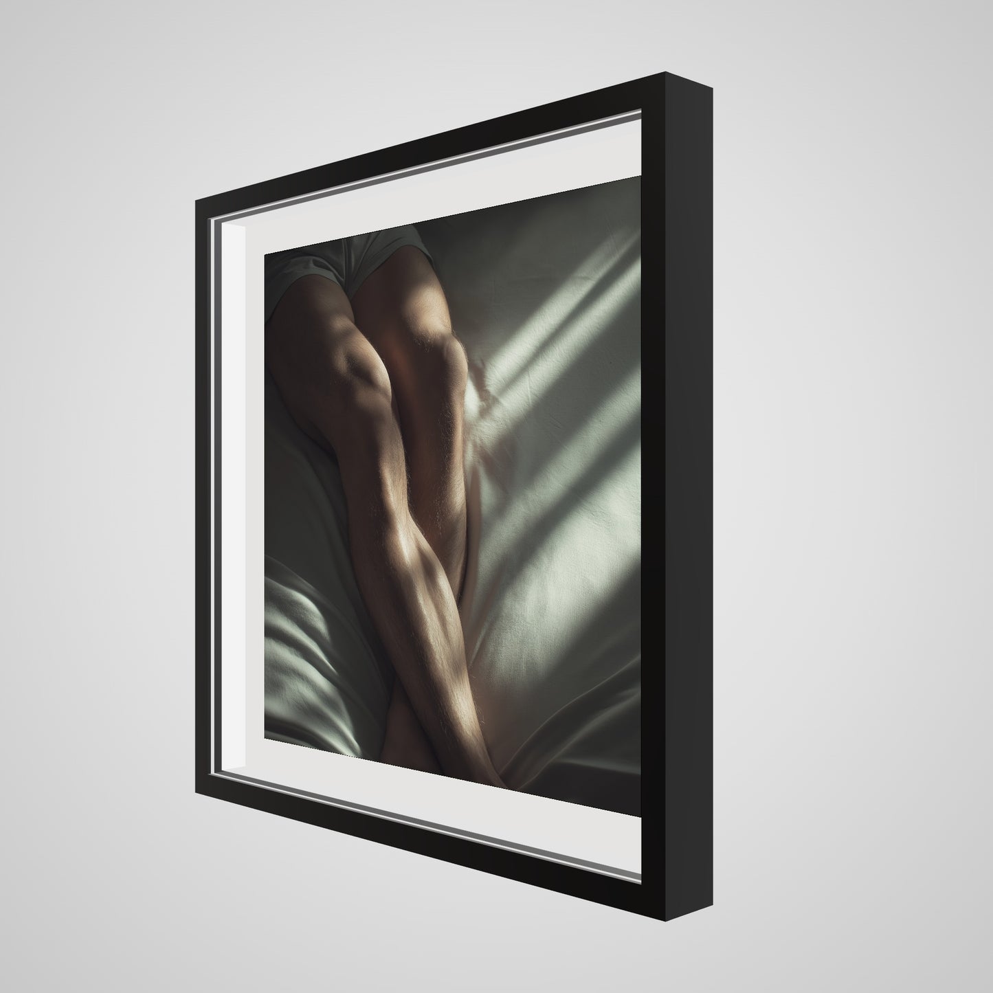 24x24 deep black square angled spacer frame displaying Held by Light print.
