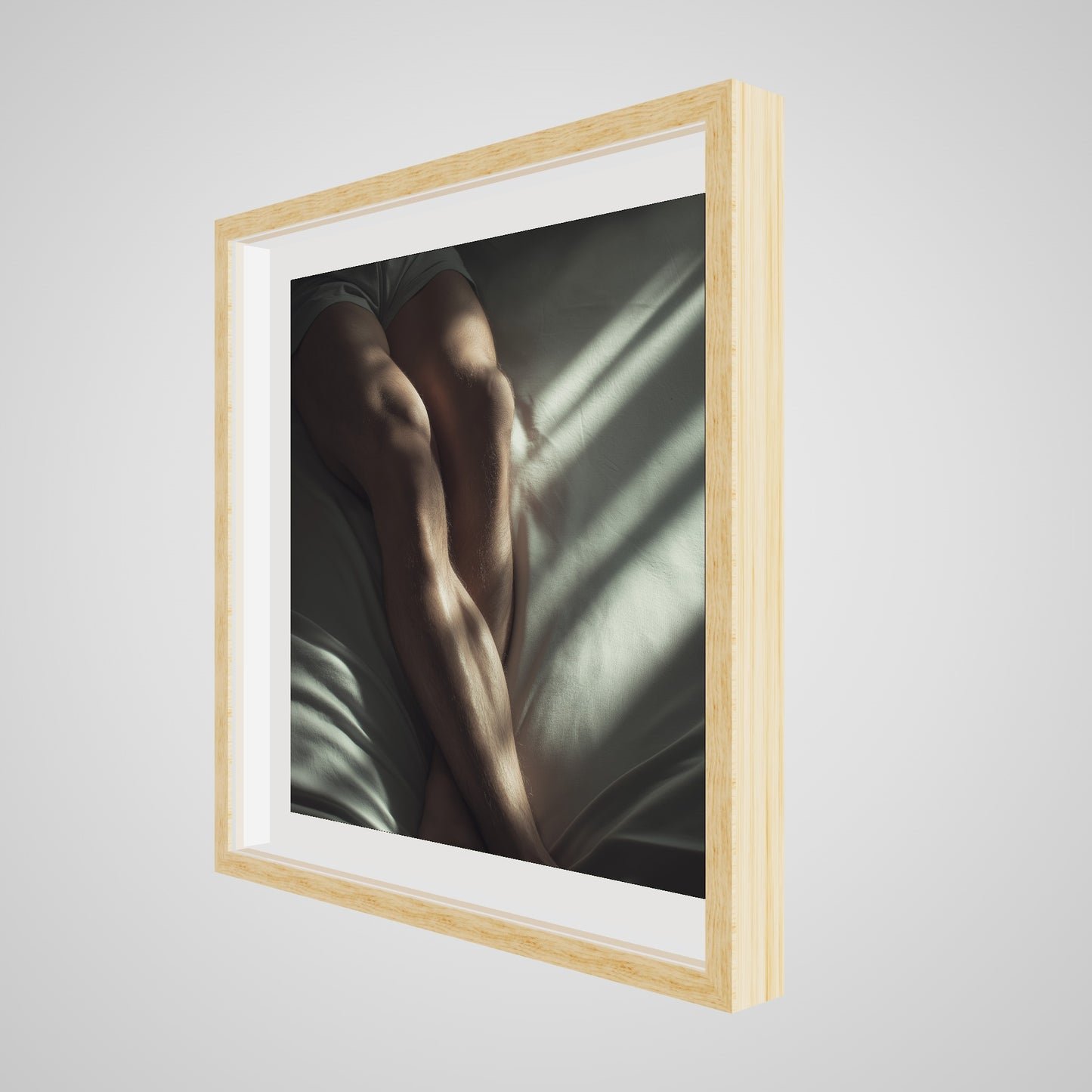 24x24 deep natural wood square angled spacer frame displaying Held by Light print.