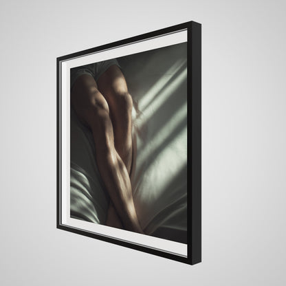 36x36 deep black square angled spacer frame displaying Held by Light print.