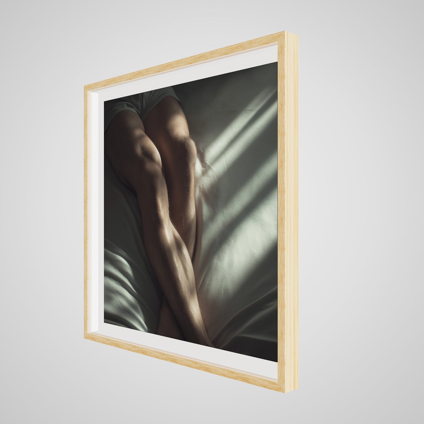 36x36 deep natural wood square angled spacer frame displaying Held by Light print.
