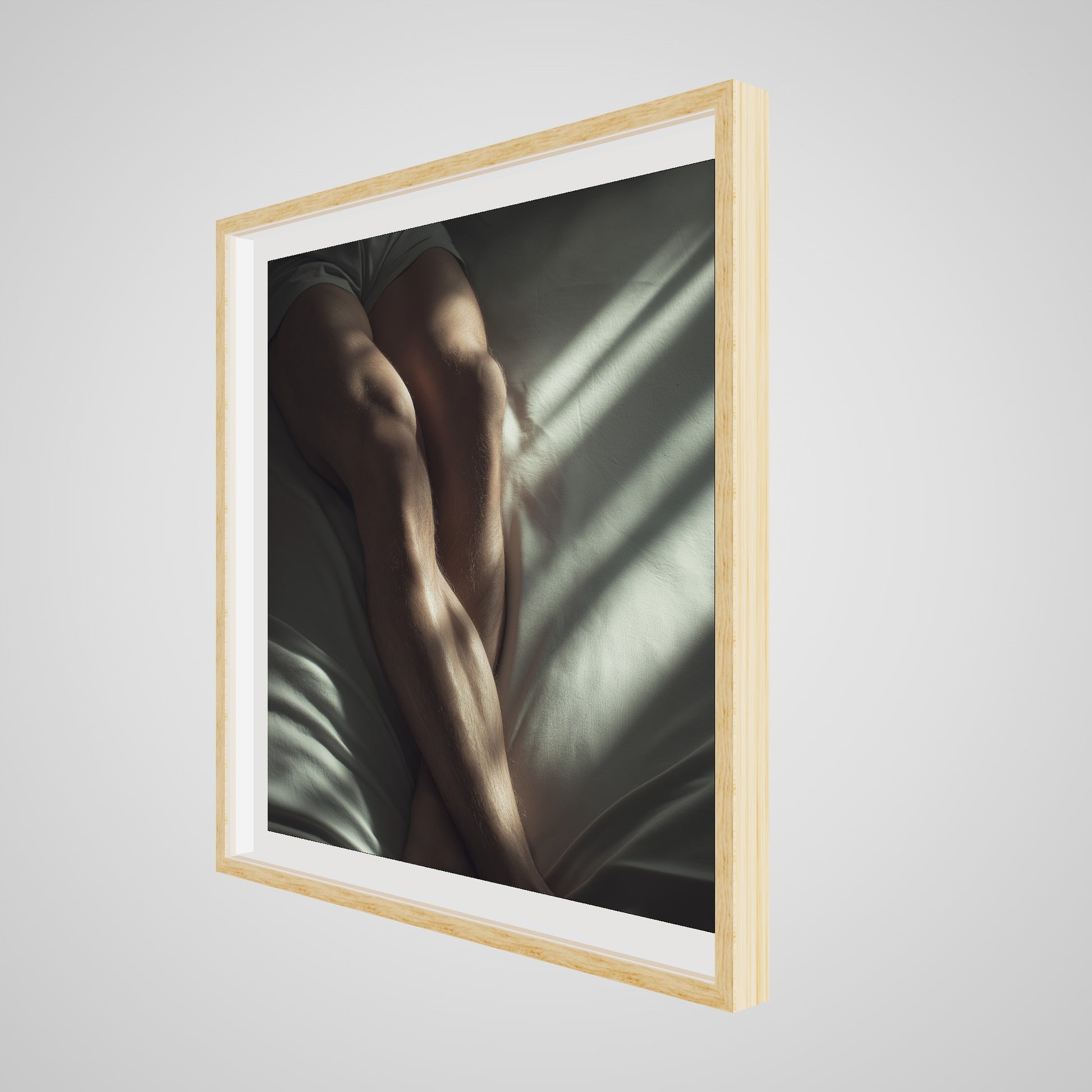 36x36 deep natural wood square angled spacer frame displaying Held by Light print.