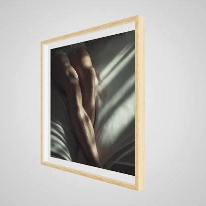 36x36 deep natural wood square angled spacer frame displaying Held by Light print.