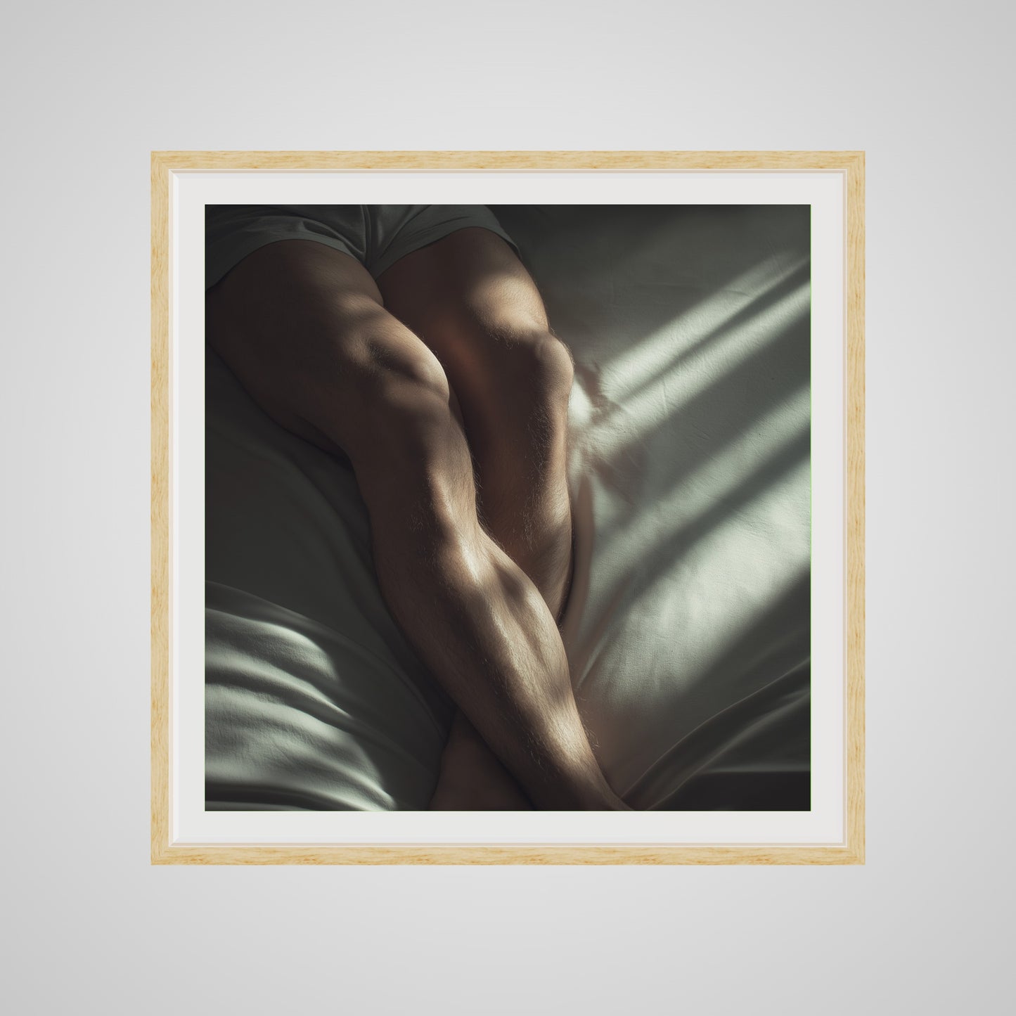 36x36 deep natural wood square front spacer frame displaying Held by Light print.