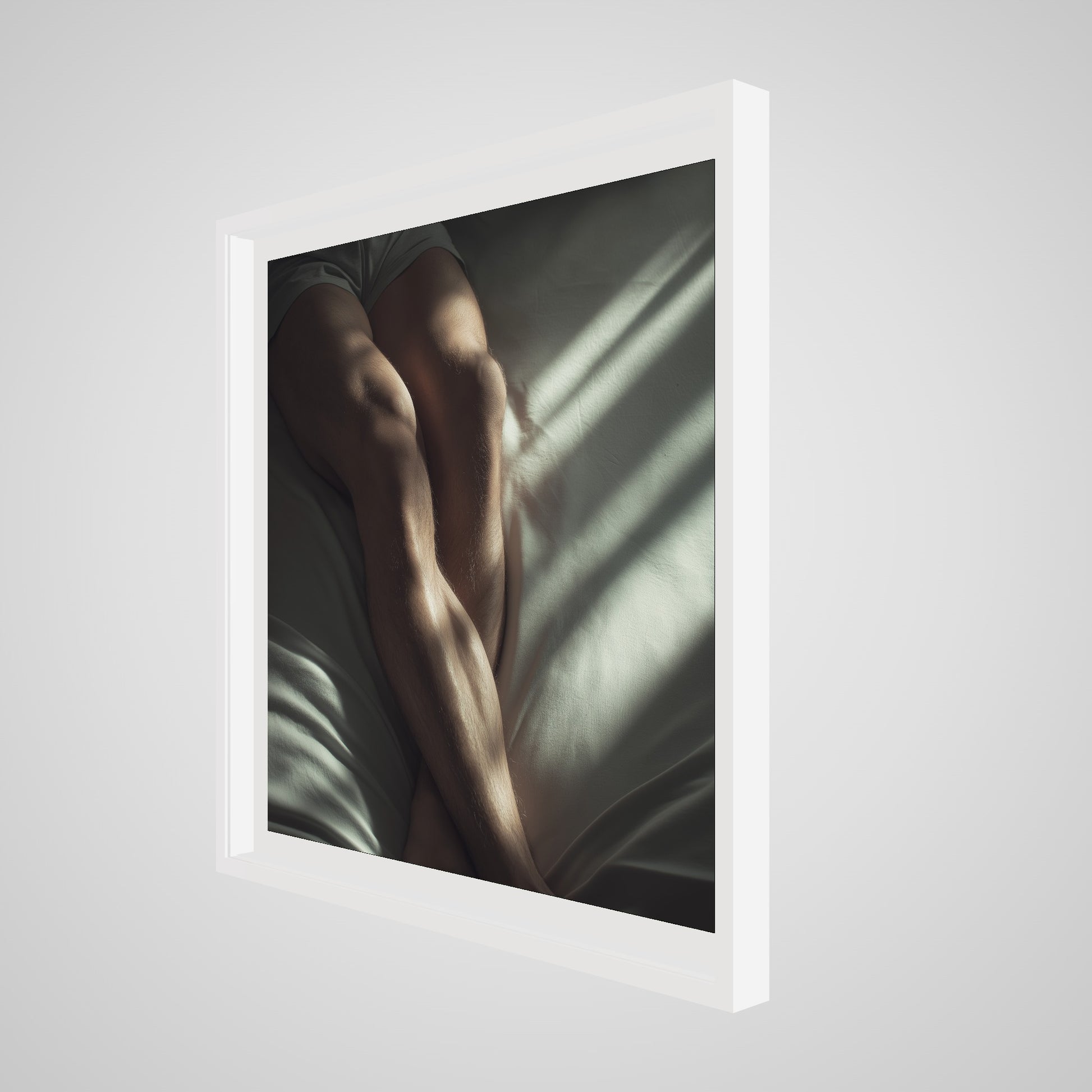 36x36 deep white square angled spacer frame displaying Held by Light print.
