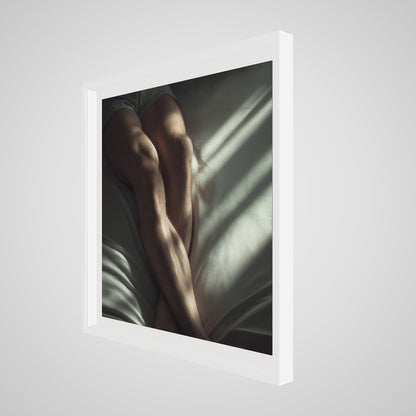 36x36 deep white square angled spacer frame displaying Held by Light print.