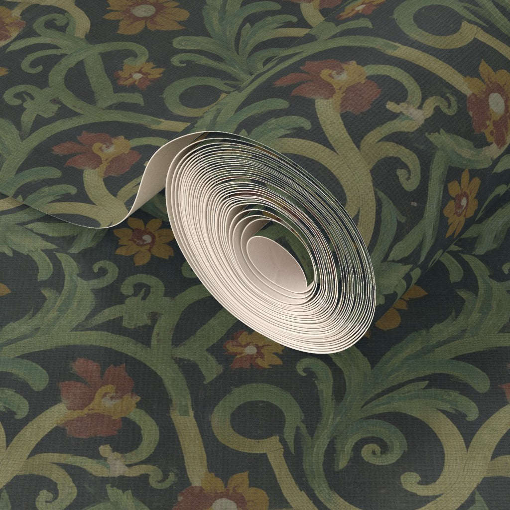Detail of the organic woven fibers of the Grass Cloth backing with ancient Roman mosaic print.
