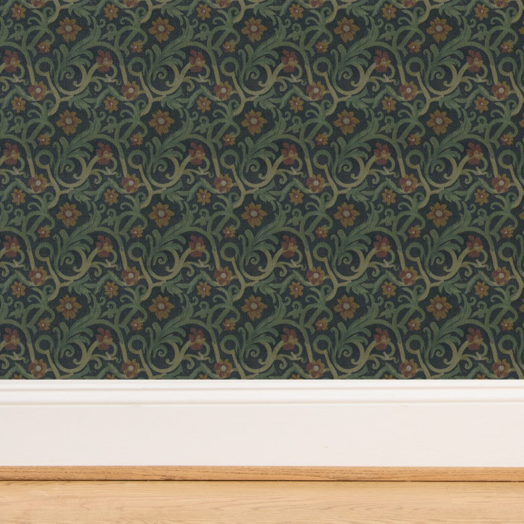 Close-up of the hand-woven natural Grass Cloth texture under the terracotta Roman tile pattern.