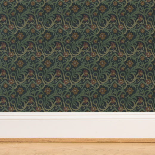 Close-up of the hand-woven natural Grass Cloth texture under the terracotta Roman tile pattern.