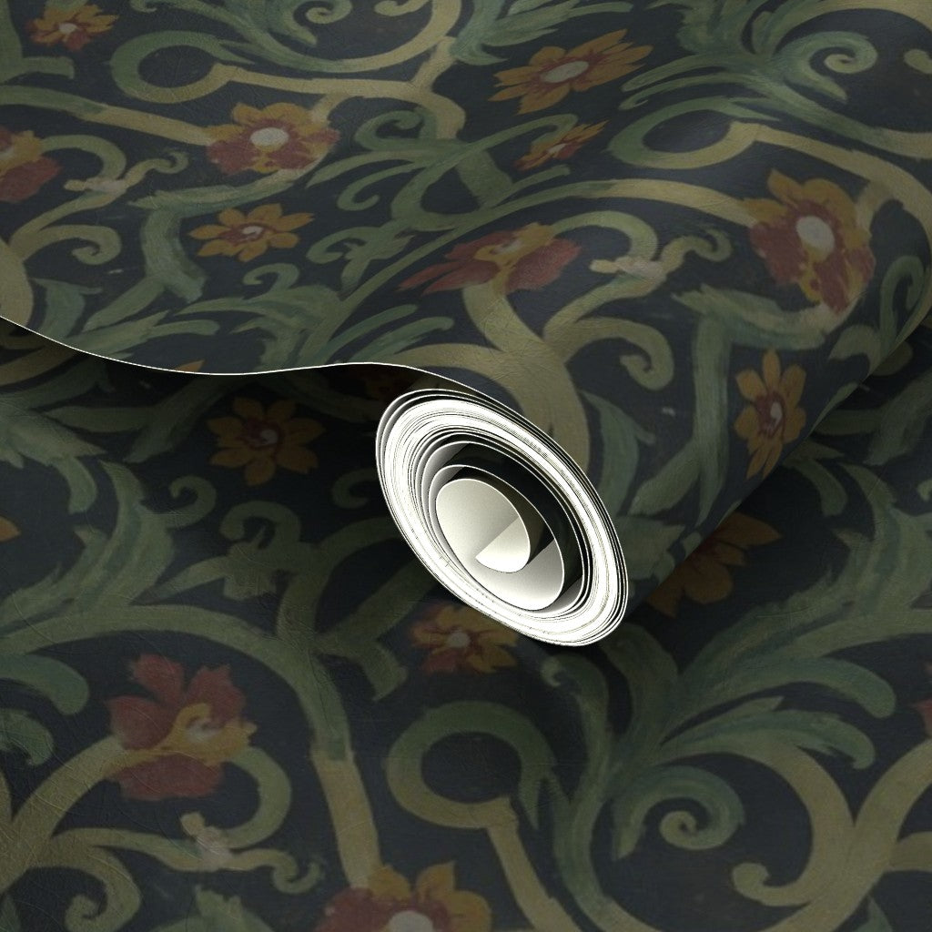 Detail of the pearlescent finish on the Metallic Roman mosaic wallpaper, reflecting light.