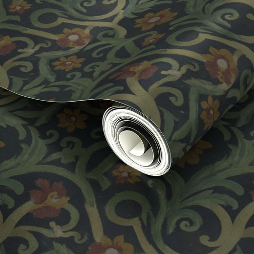 Detail of the pearlescent finish on the Metallic Roman mosaic wallpaper, reflecting light.